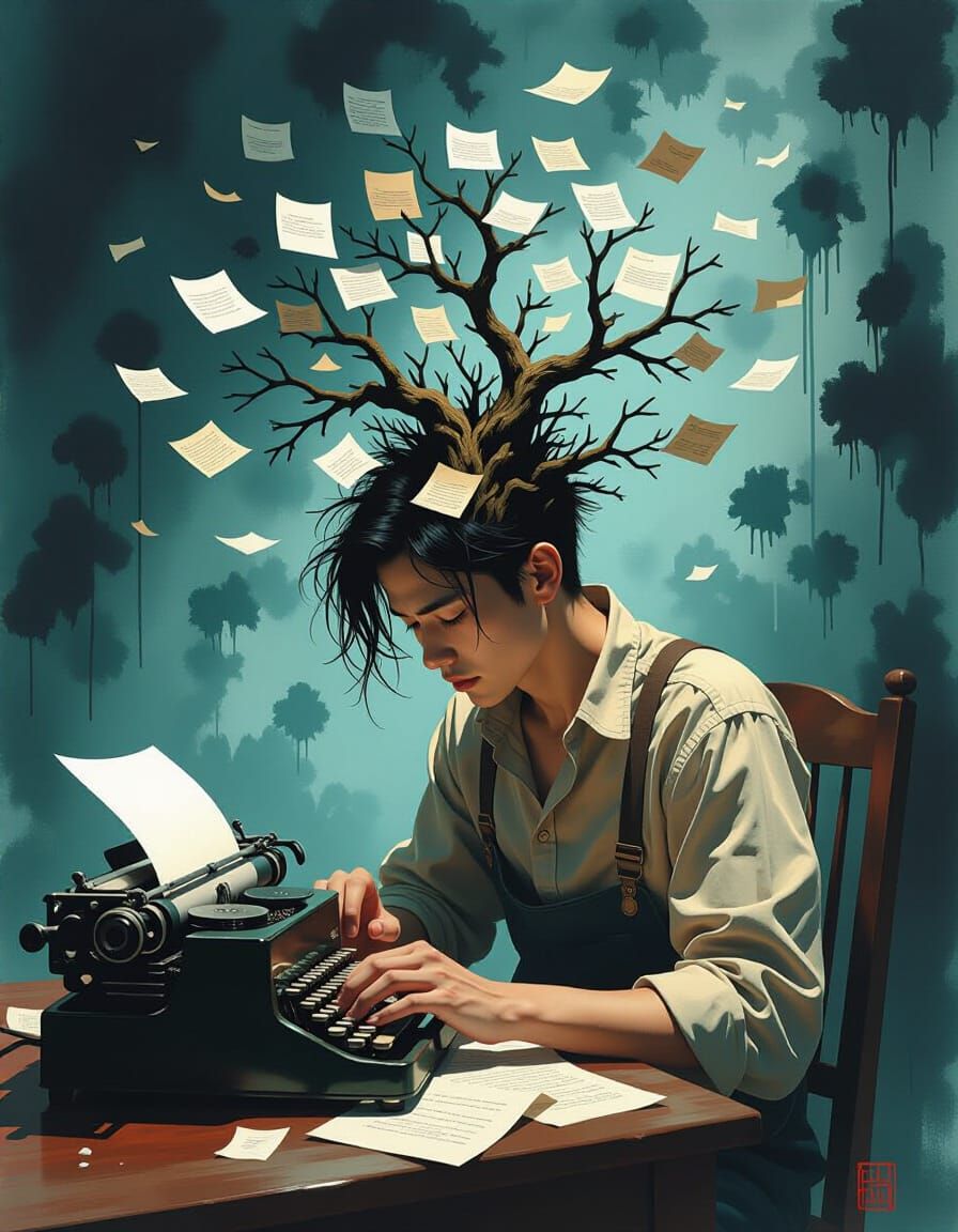Surreal Writer with Tree in Watercolor and Oil