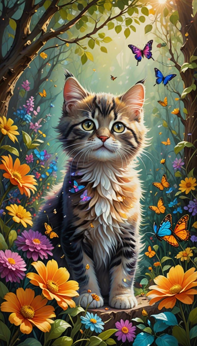 Whimsical Garden Scene in Vibrant Oil Painting