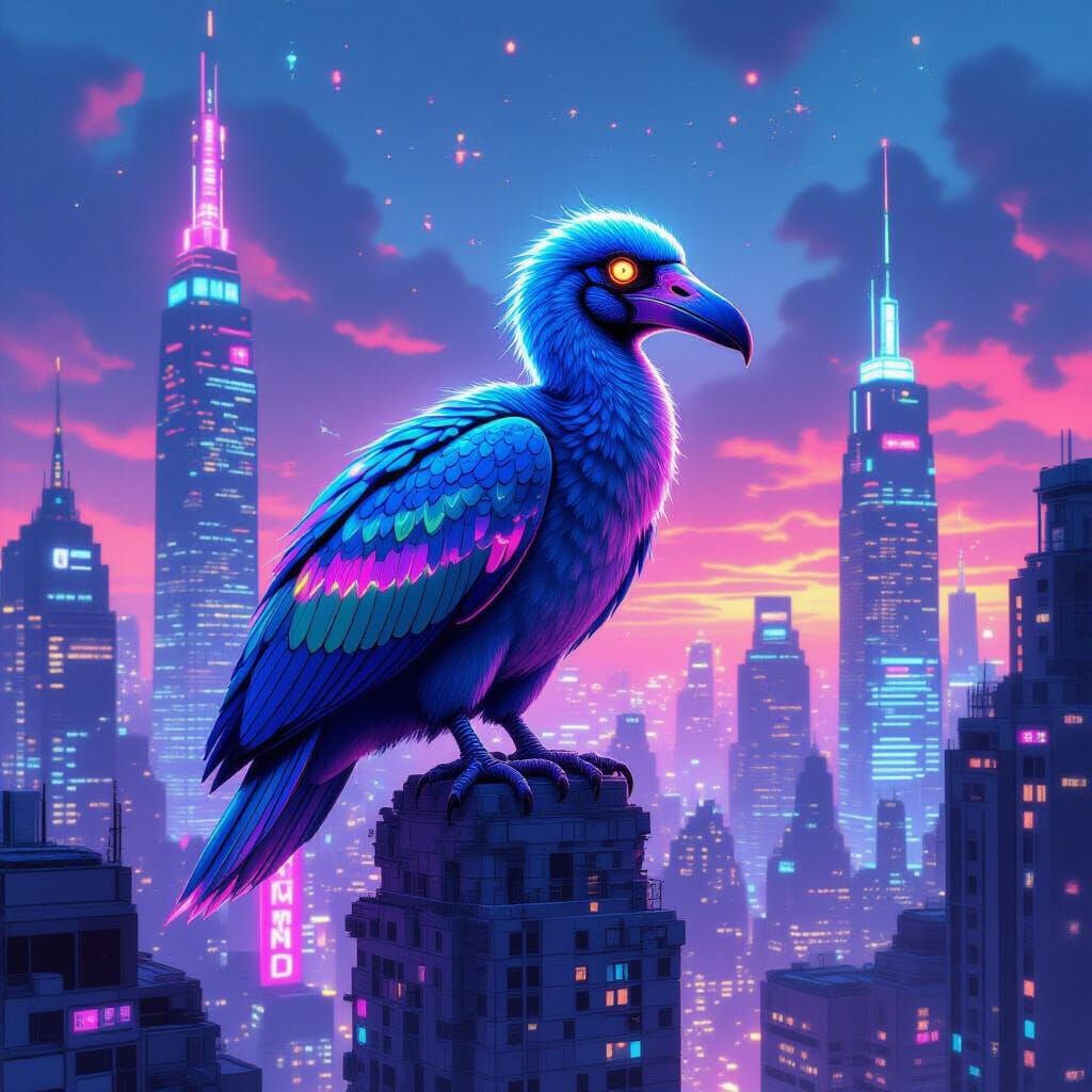 Bioluminescent Dodo Bird in Futuristic Dystopian Cityscape