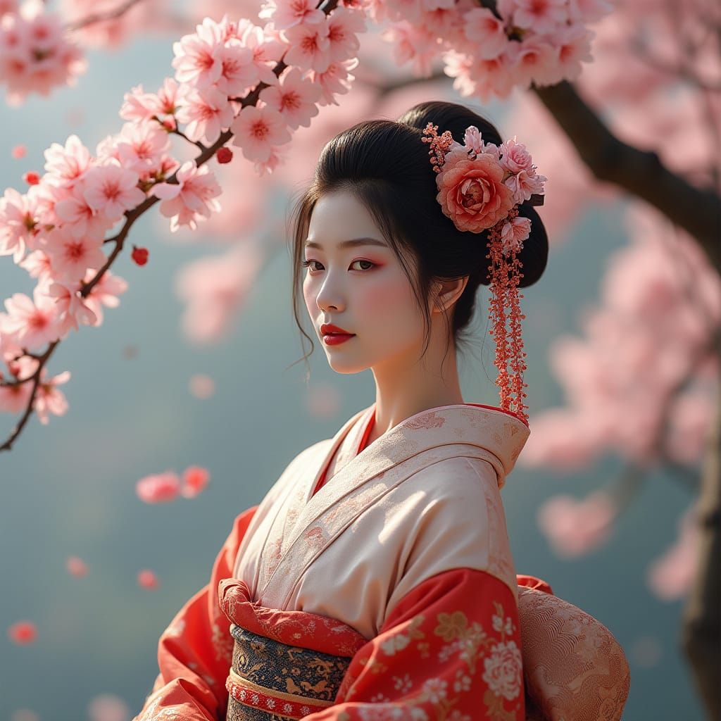 Hyperrealistic Japanese Geisha Under Cherry Blossom Tree