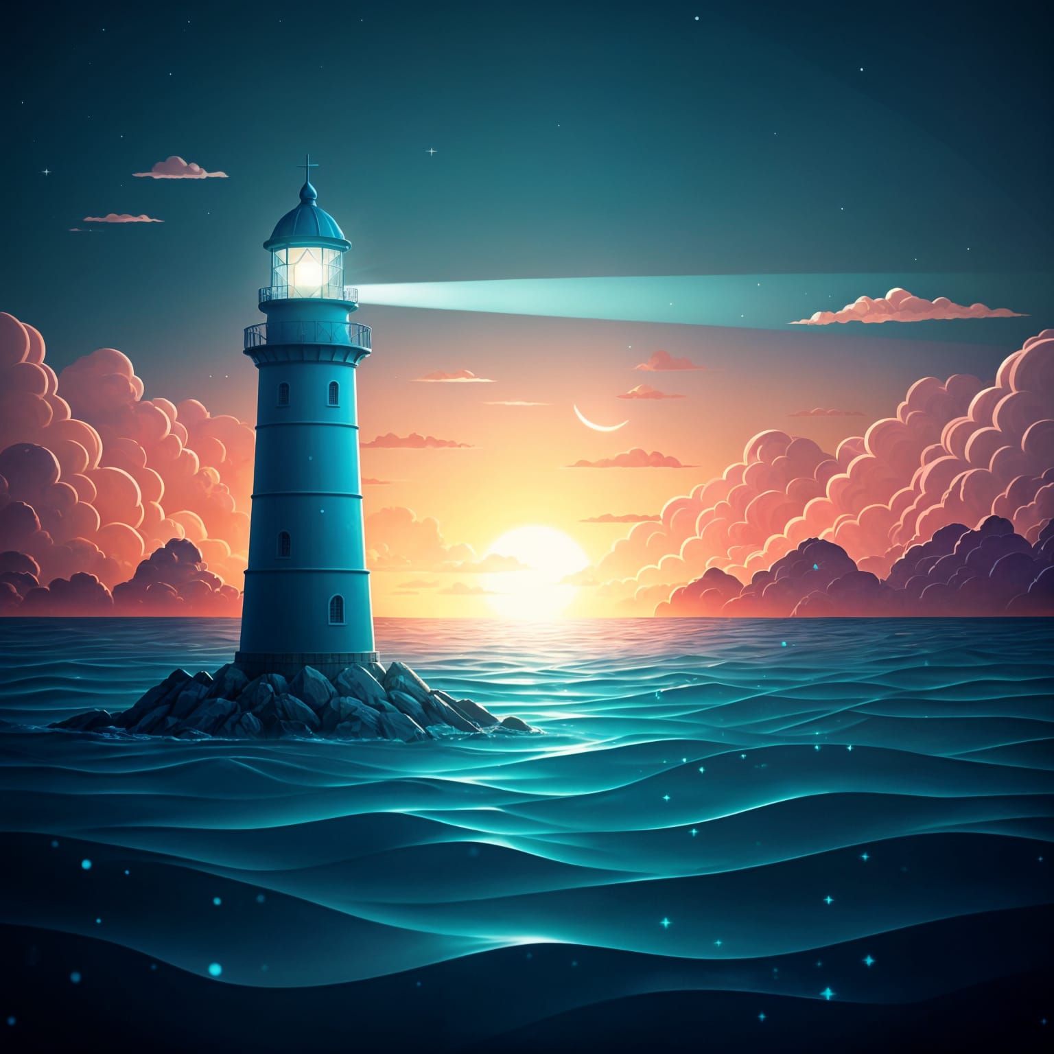 Island Lighthouse Beams Glitter in Bioluminescent Ocean