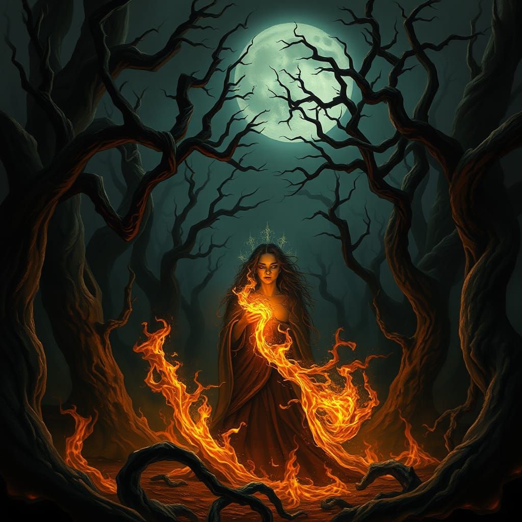 Mystical Woman Summons Flames in Dark Forest