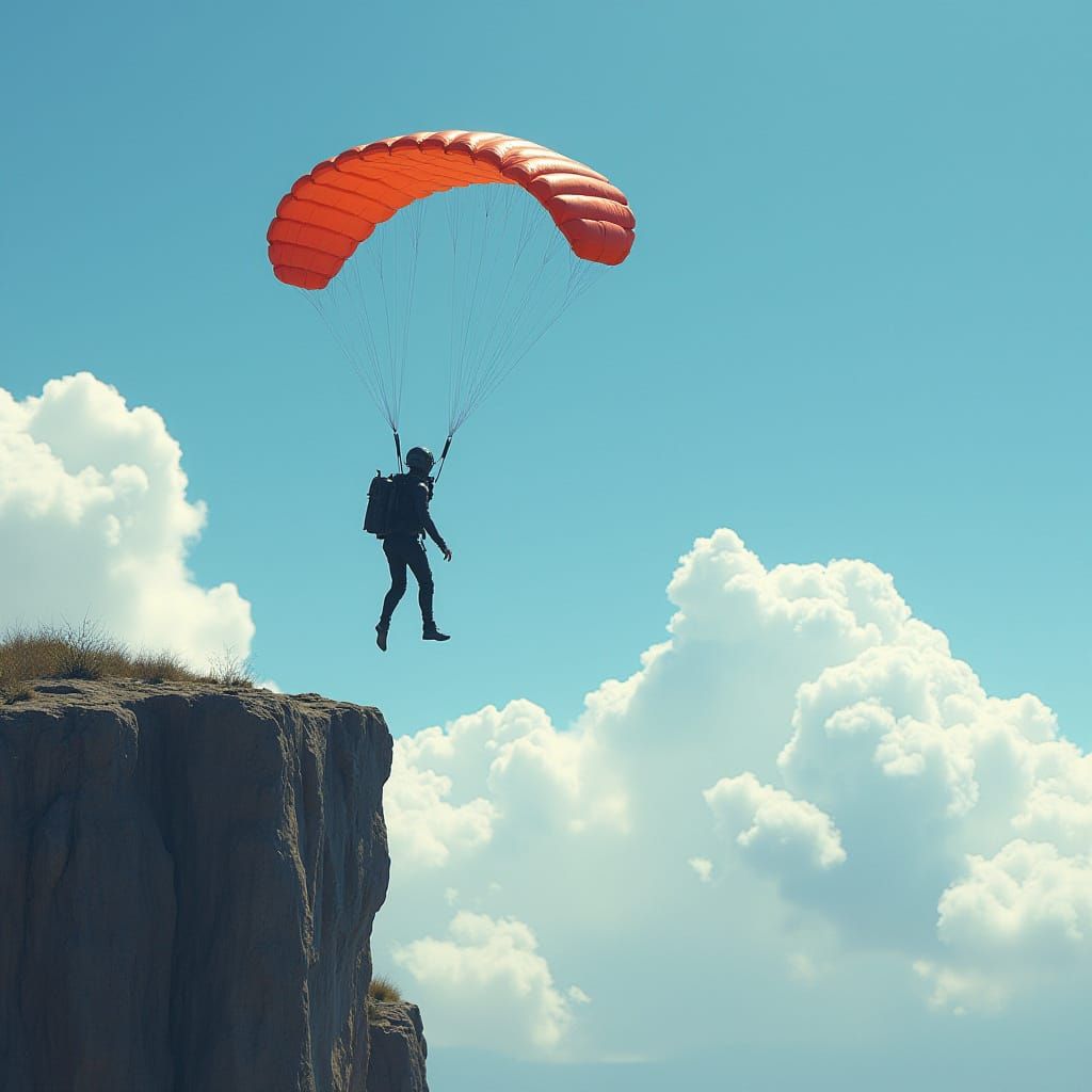 Parachute Jumper Leaps from Cliff in Concept Art Style