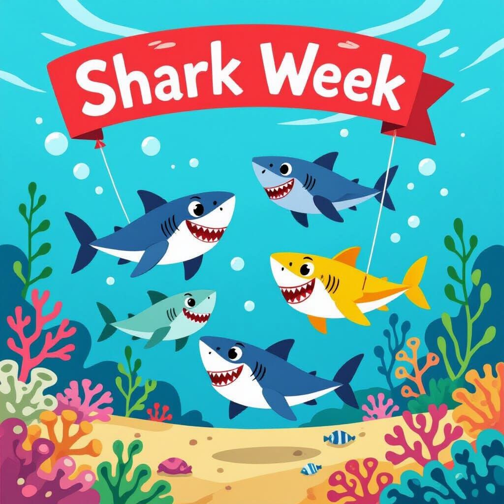 Cartoon Sharks Tail Walking in a Turquoise Sea