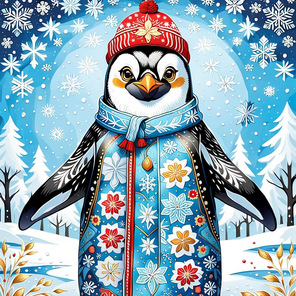 Penguin in Winter Coat with Khokhloma Painting