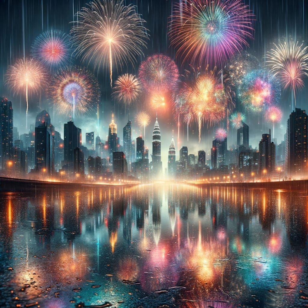 Fireworks Over City River After Rain
