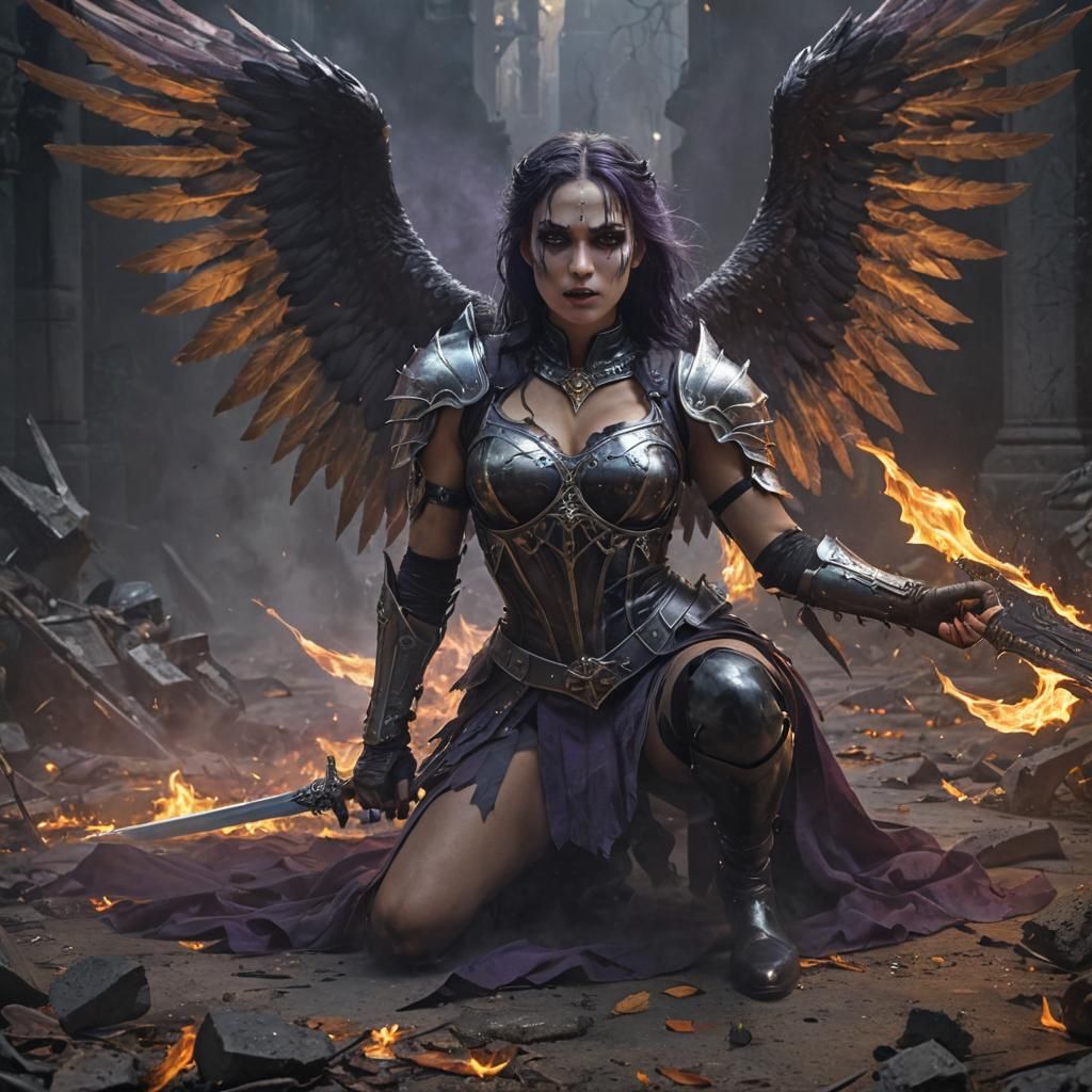 Fallen Angel with Flaming Sword, in Dark Fantasy Style