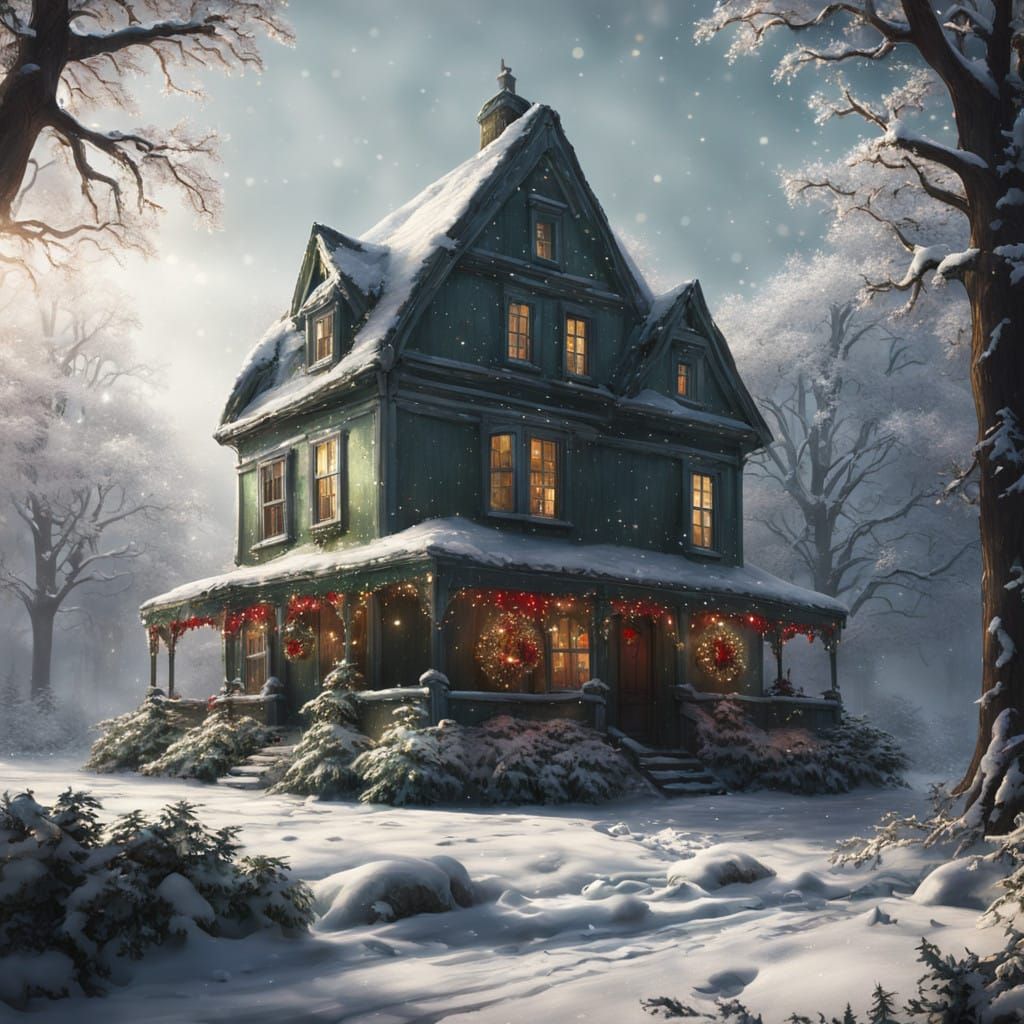 Whimsical Winter Scene with Golden Lights and Surreal Figure...