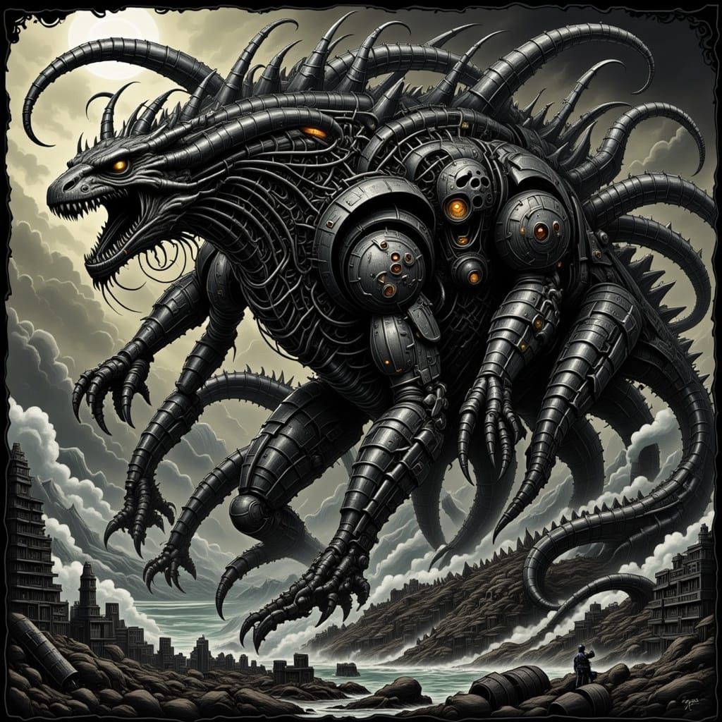 Demonic Mechagodzilla Centaur in H.R. Giger Style