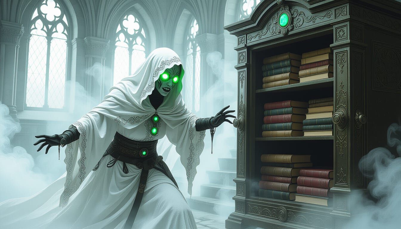 Ghost of a witch in a white shroud with fluorescent glowing eyes