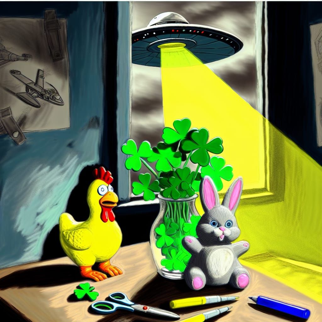 A Still life of a rubber chicken, a vase of shamrock and a s...