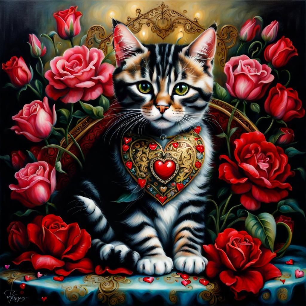 Cat Surrounded by Flowers in Figurative Painting Style