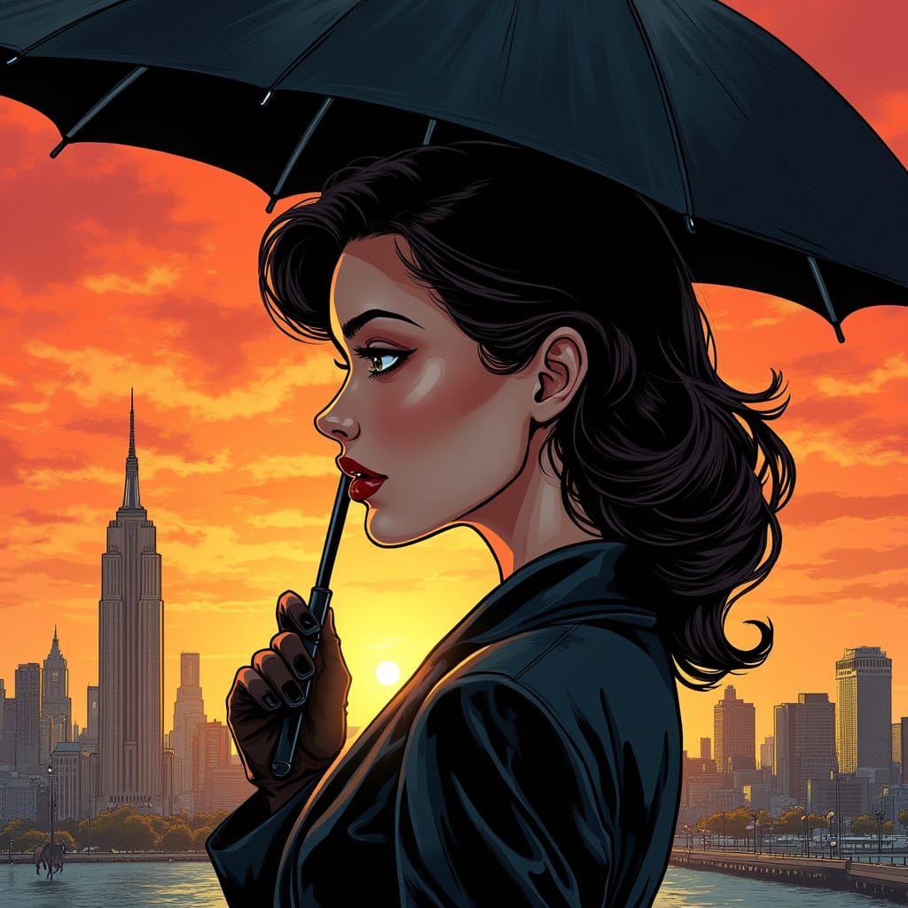 Brunette Woman with Umbrella in Comic Book Cityscape