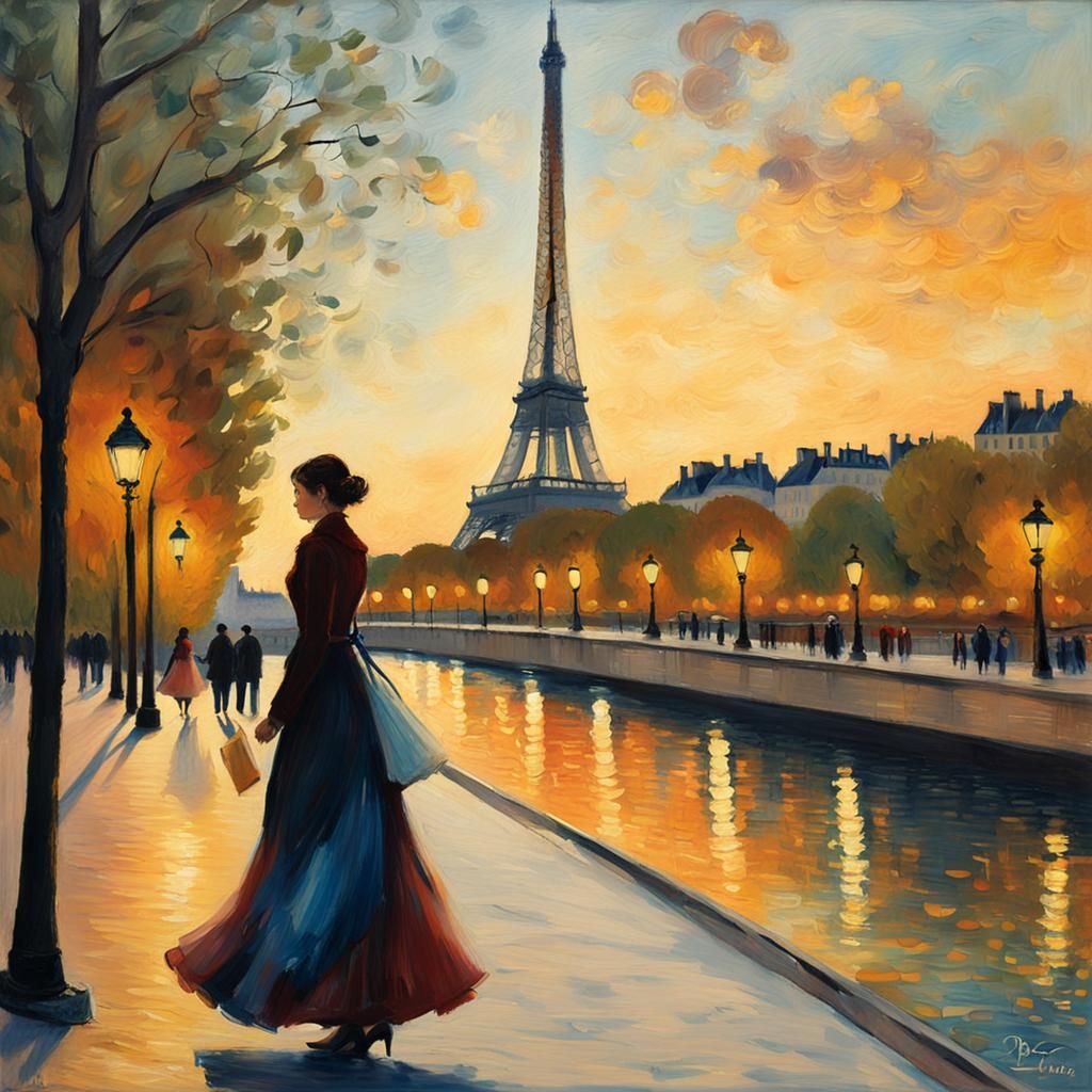 Woman Strolls Along Seine River in Impressionist Style