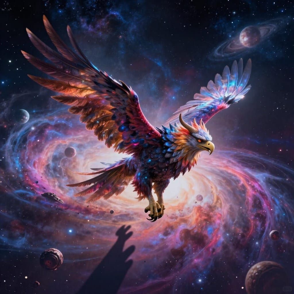 Majestic Griffin Soars Through Cosmic Nebula