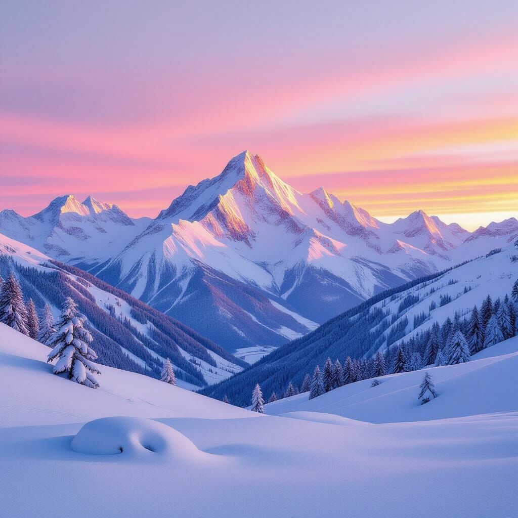 Sunrise on Snow-Capped Mountains in Romantic Style
