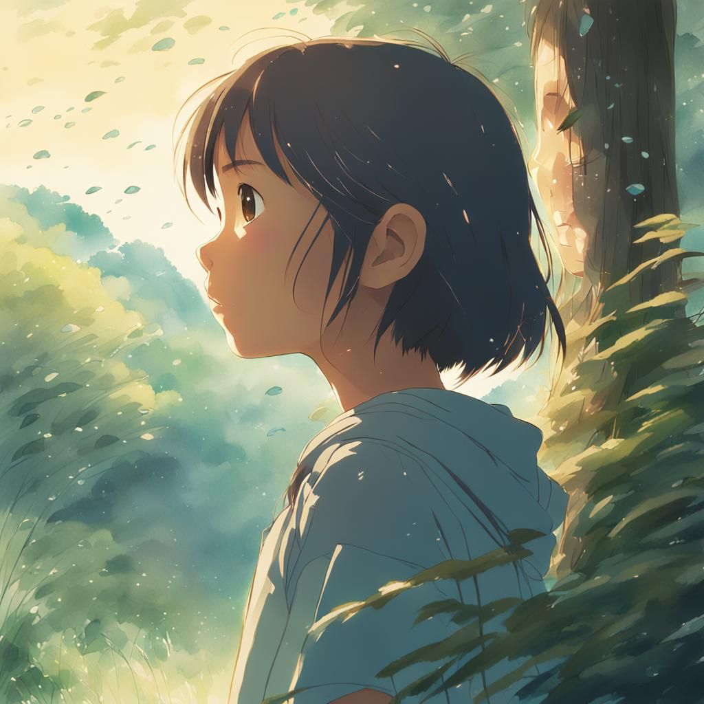 Emotional Anime Girl in Watercolor Landscape