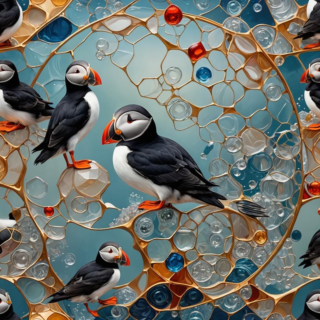 Surreal Puffin with Sacred Geometry, Hyperrealistic Splash A...