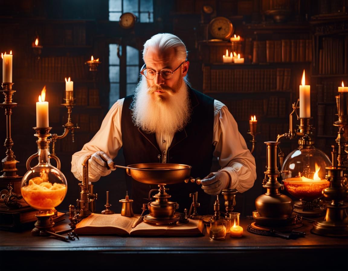 Hyperrealistic Alchemist in Steampunk Laboratory