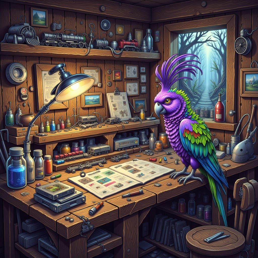 Cluttered Hobby Train Workshop with Vibrant Parrot