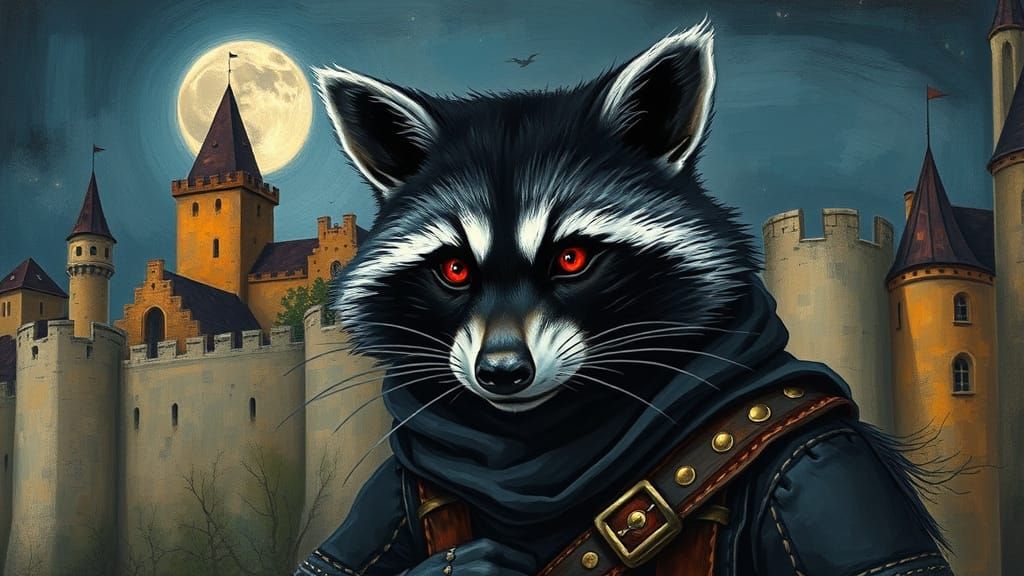 Medieval Nightwatch Raccoon in Whimsical Moonlit Scene