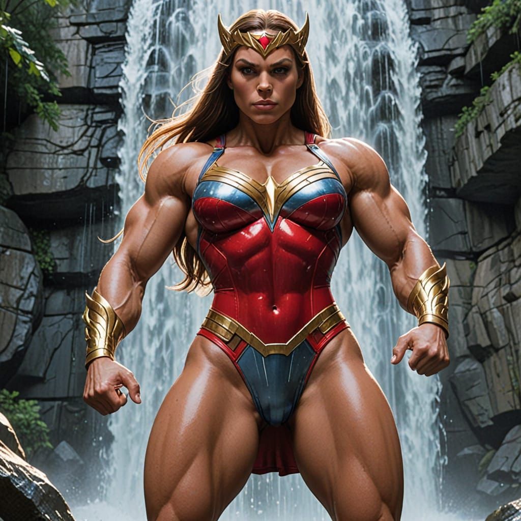 Hypermuscular She-Ra Stands Tall in Illuminated Waterfall