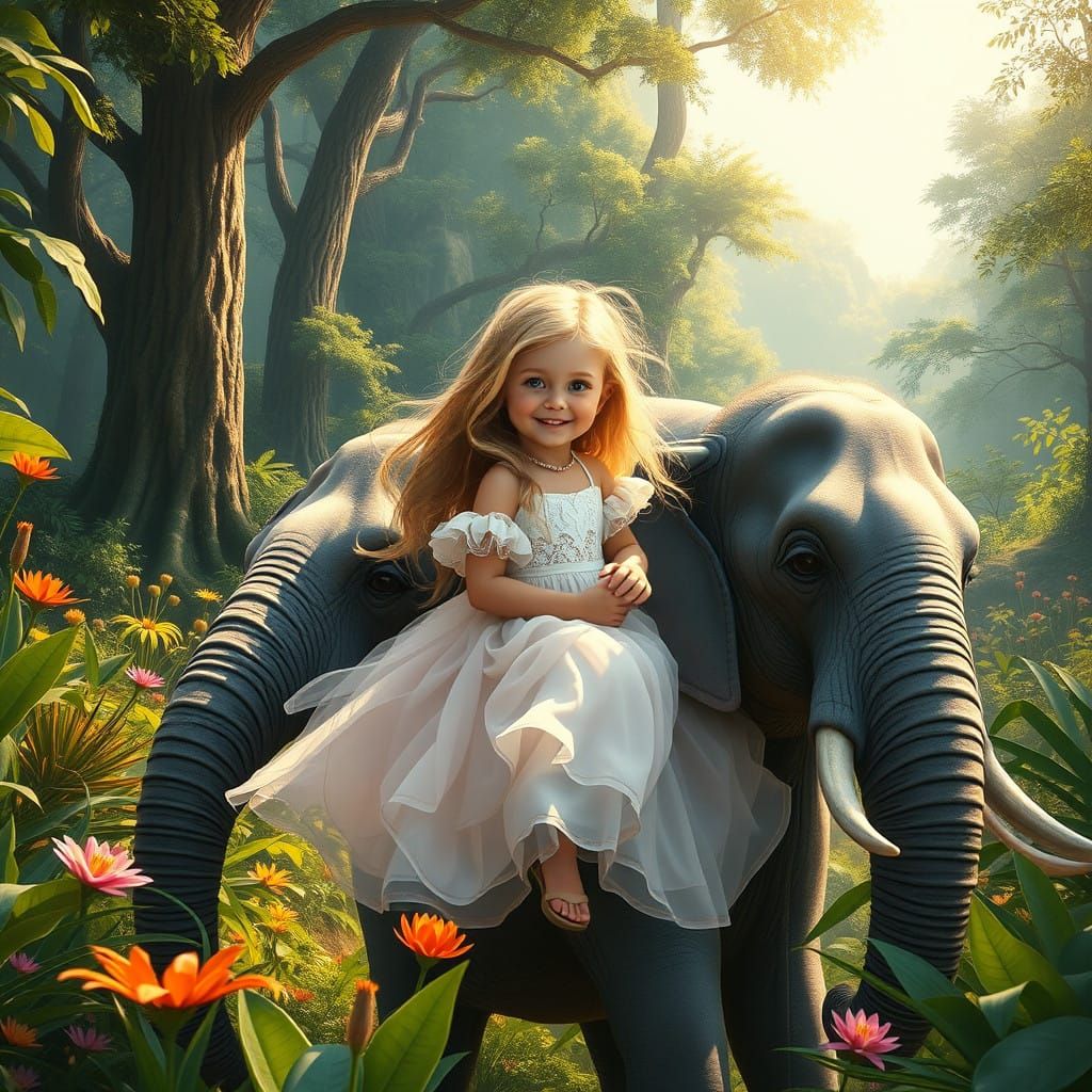 Little Girl Rides Majestic Elephant in Whimsical Fantasy Lan...