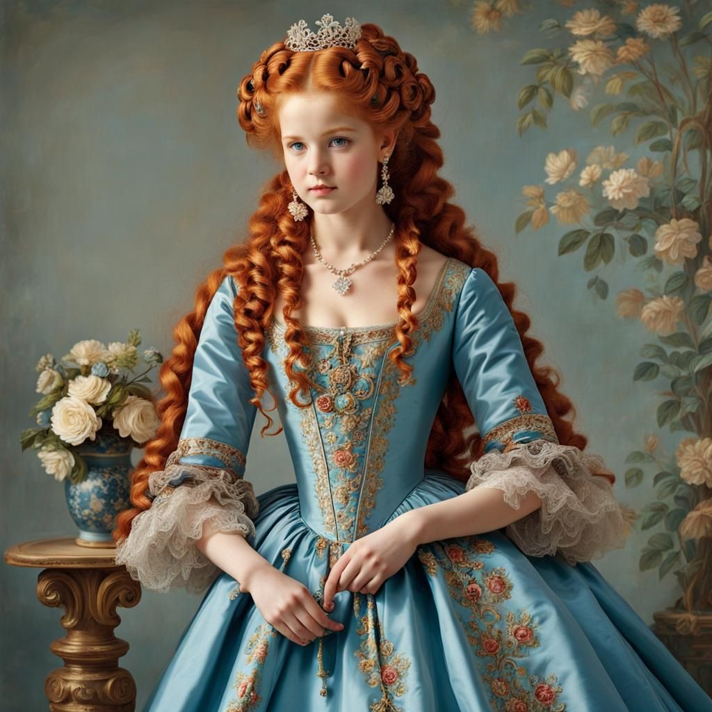 Girl with Ringlet Hair in 1700s Brocade Gown