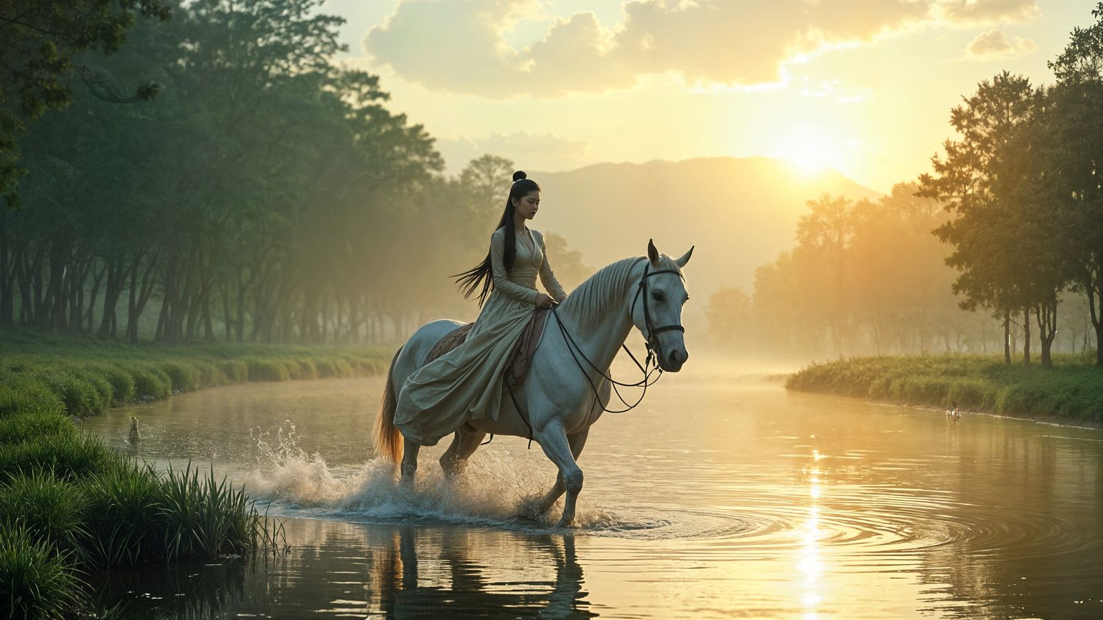 Woman on White Horse River Crossing: Cinematic Film Still