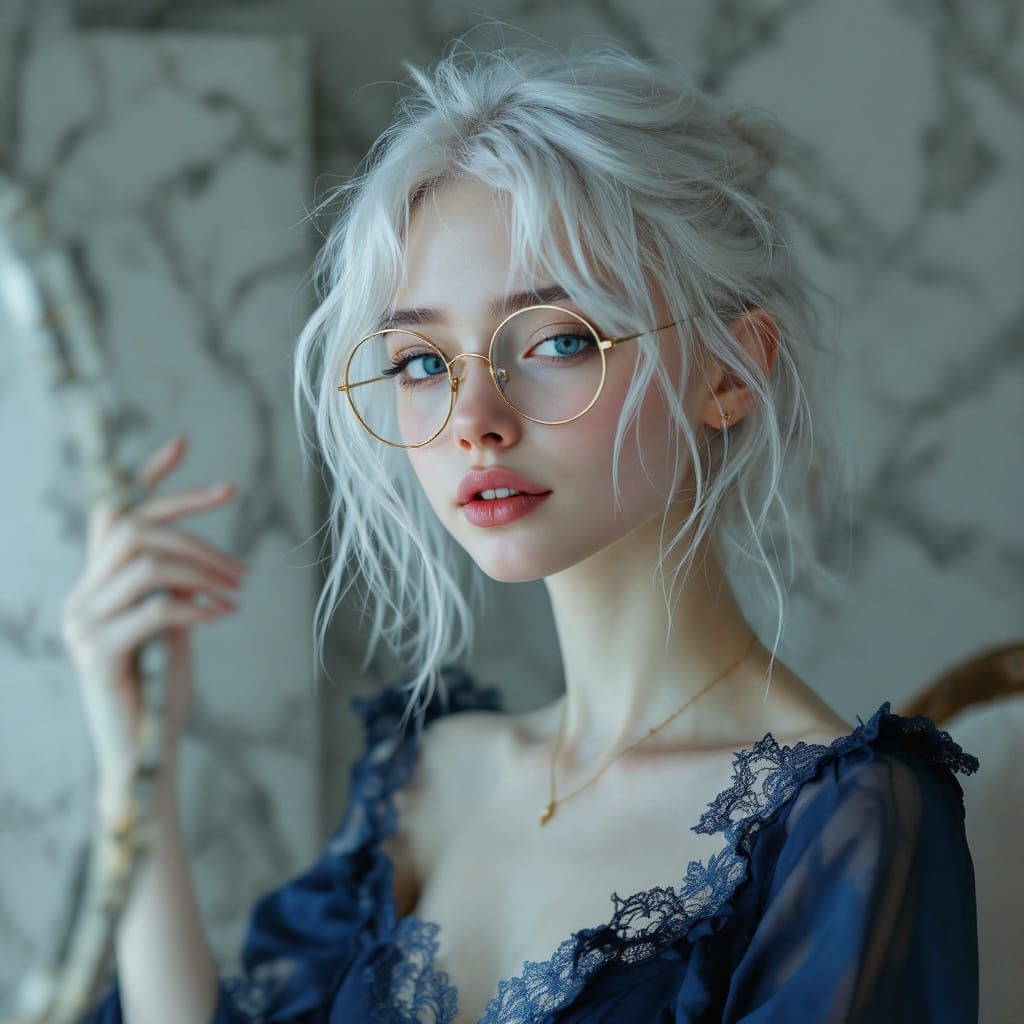 Delicate Albino Teenage Girl in Navy Lace Dress
