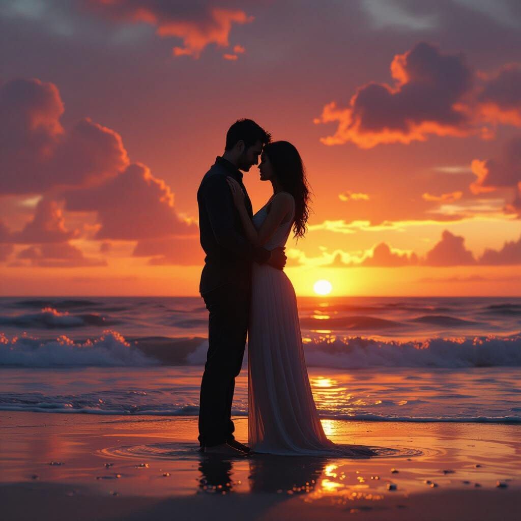 Silhouette Couple Embrace at Sunset in Dramatic Style