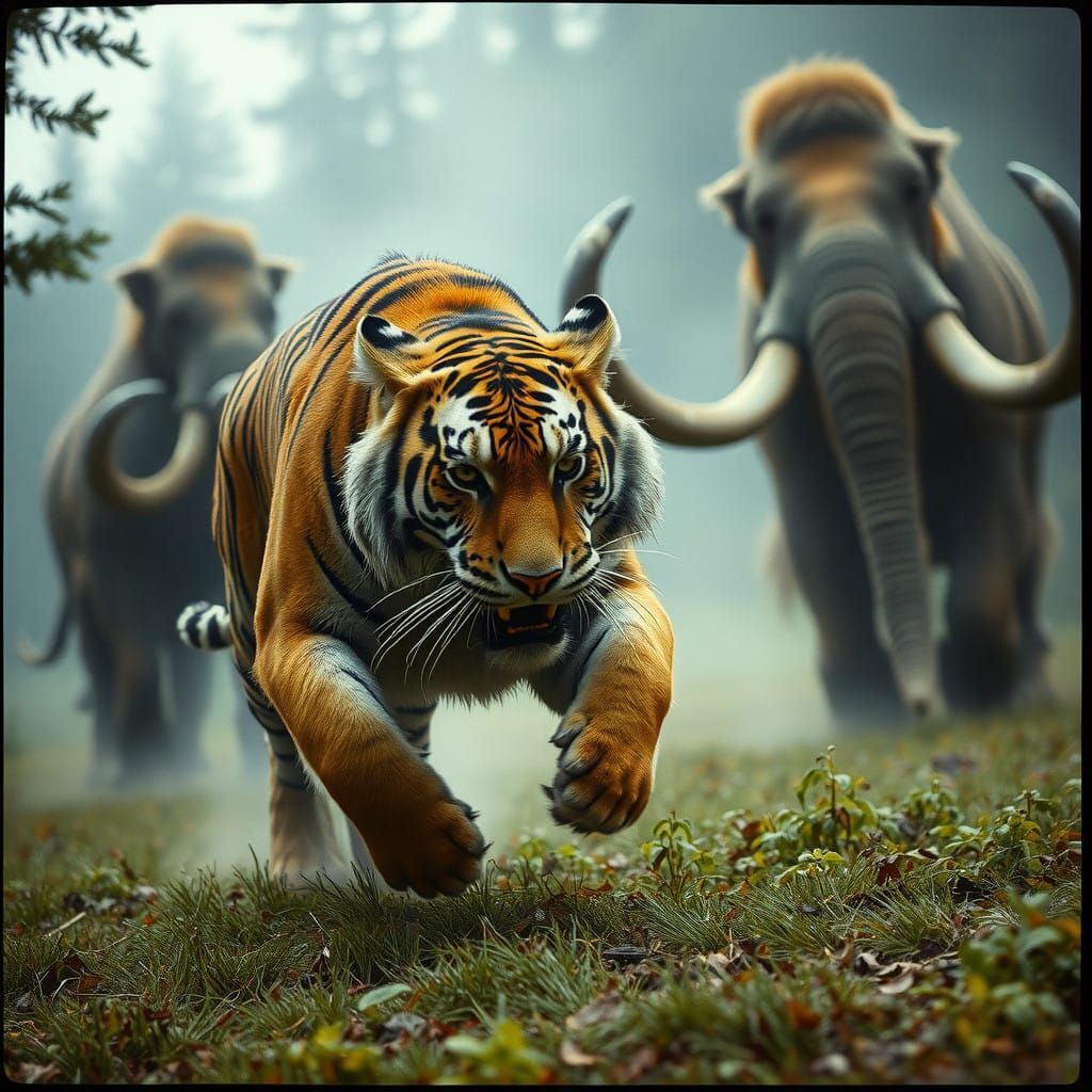 Majestic Saber-Toothed Tiger Chases Mammoth in Prehistoric L...