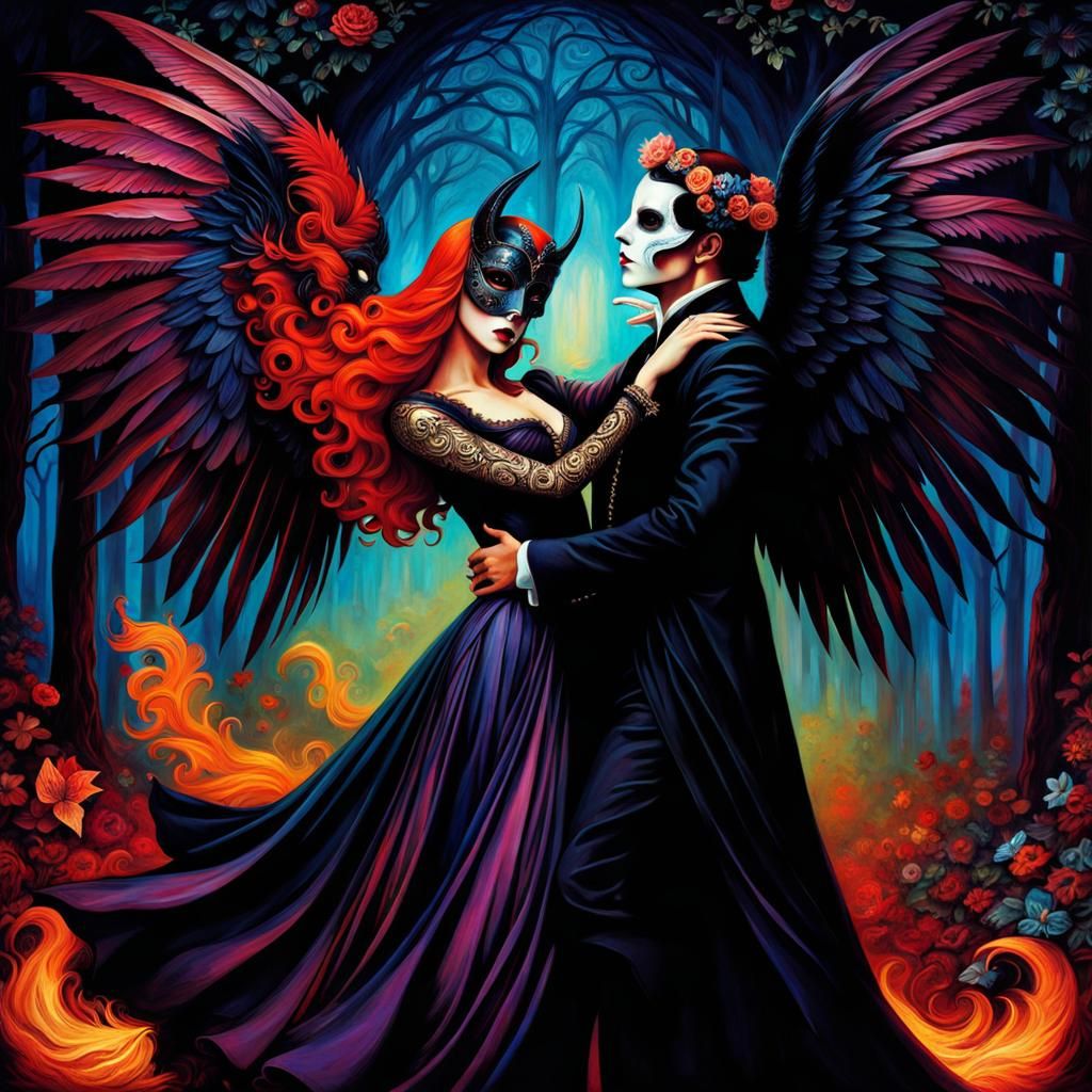 Gothic Vampire Couple Dancing in Surrealist Style