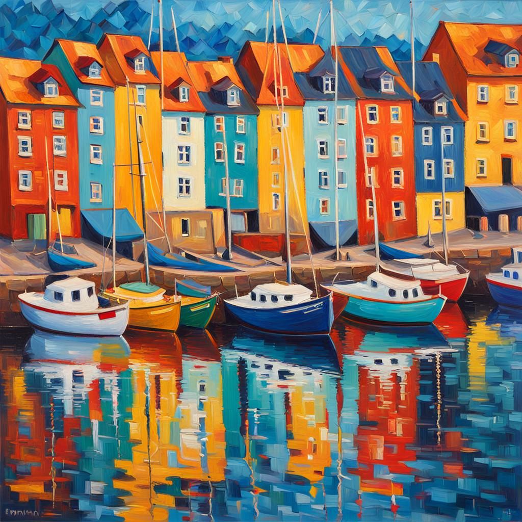Colorful Larvik Norway Harbour in Impasto Style