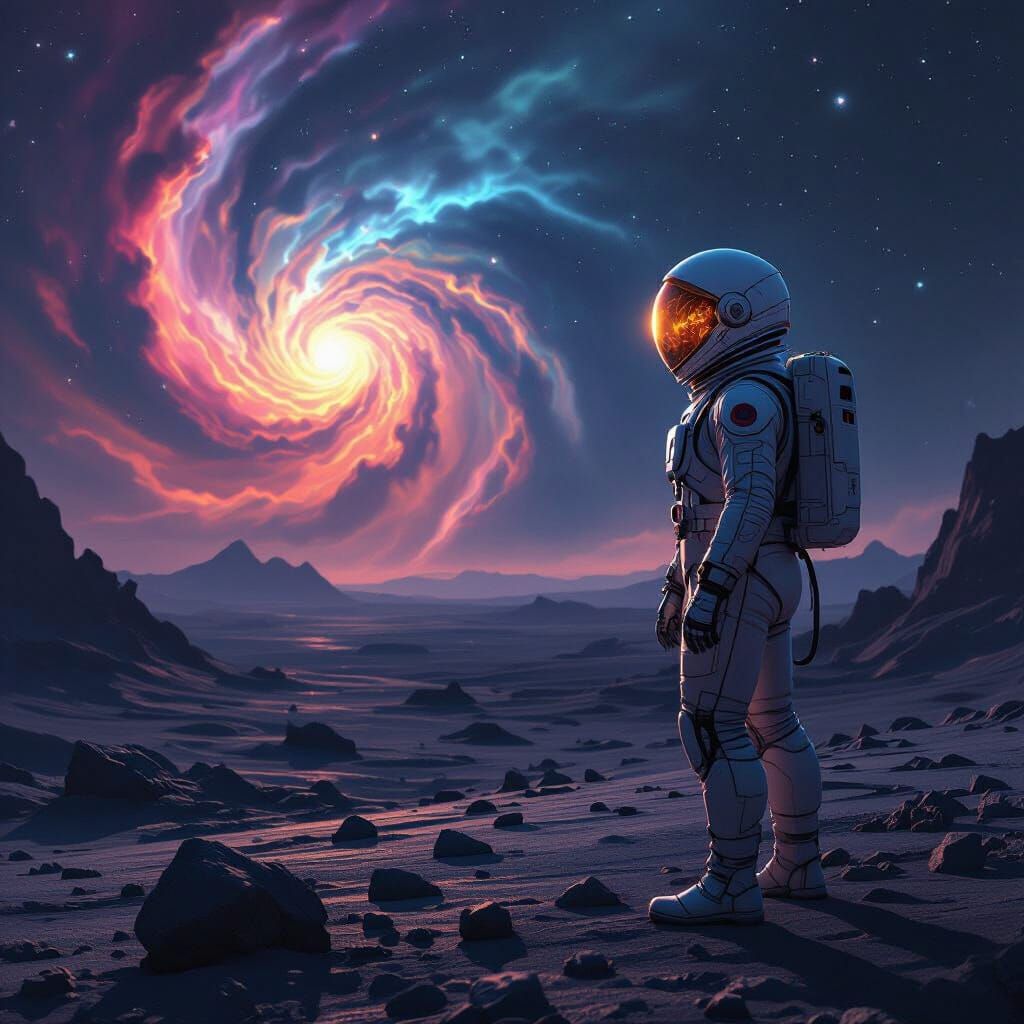 Astronaut Gazing at Nebula in Digital Art Style