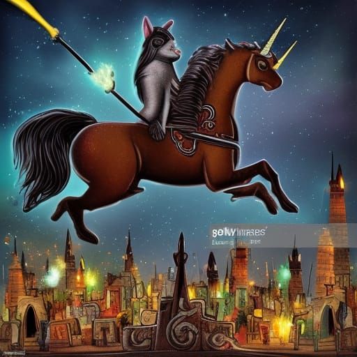 Medieval Cat Rides Unicorn Through Modern City