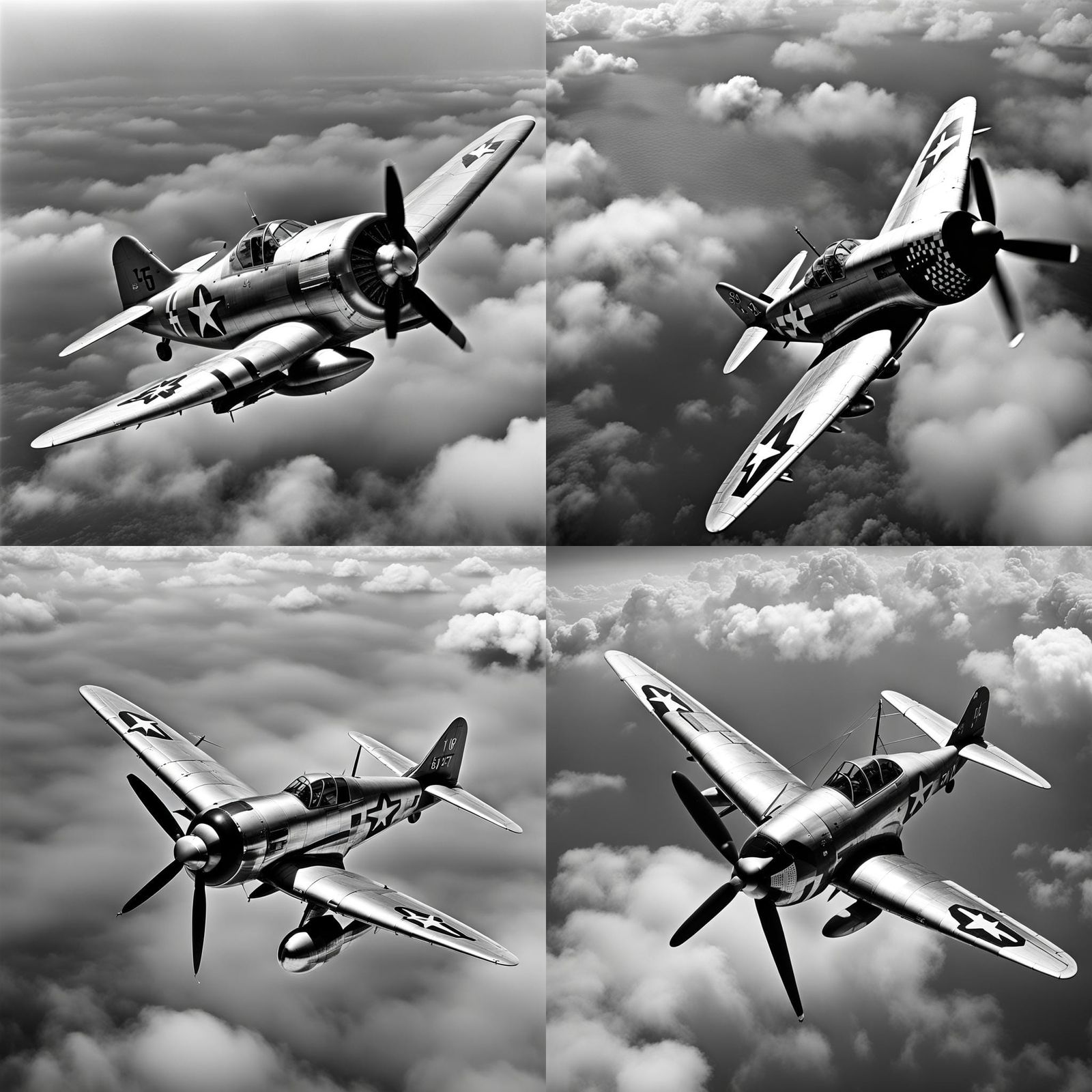 Grayscale P-47 Fighter Plane in Flight