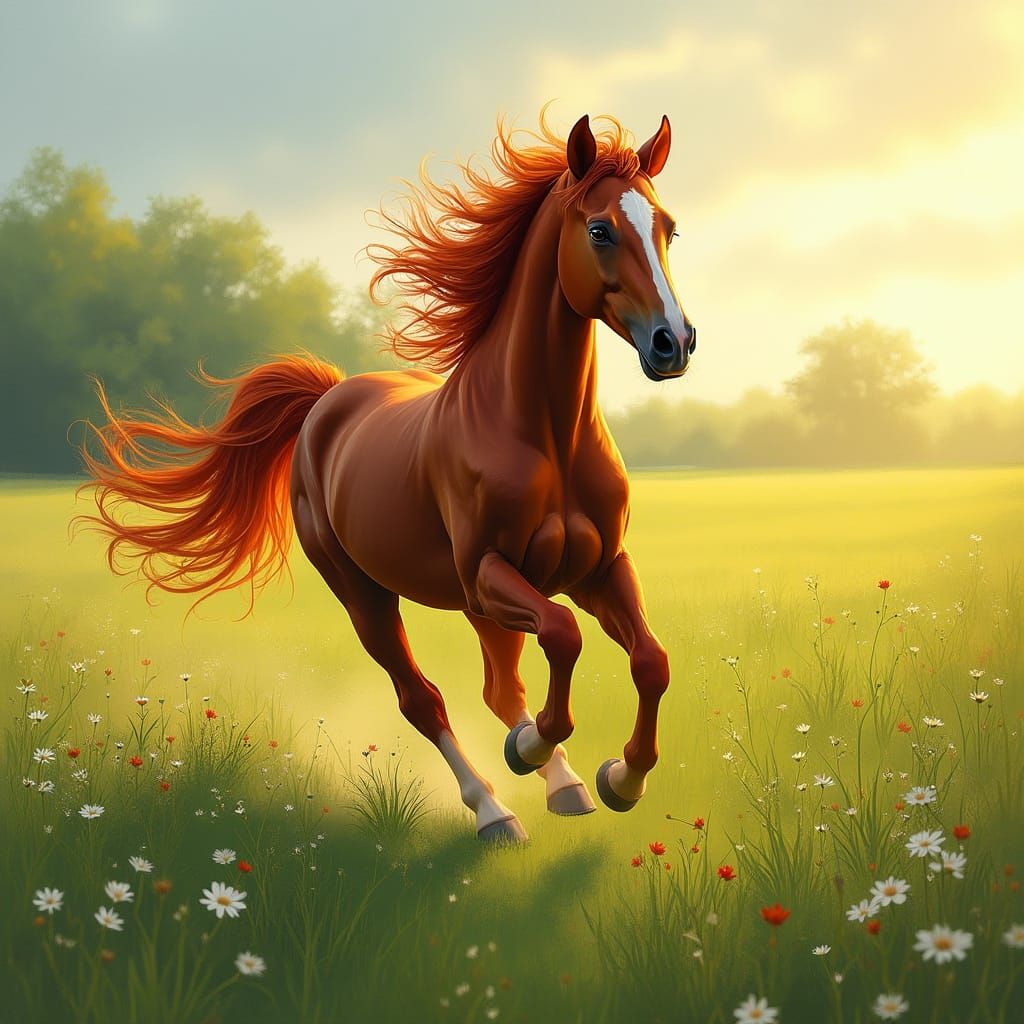Majestic Chestnut Stallion in Lush Green Meadow