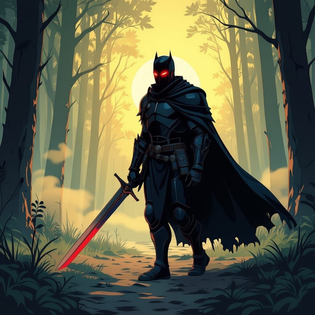 Dark Knight with Glowing Eyes in Dawn Forest