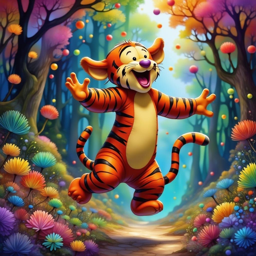 Vibrant Tigger in Whimsical Fantasy Landscape