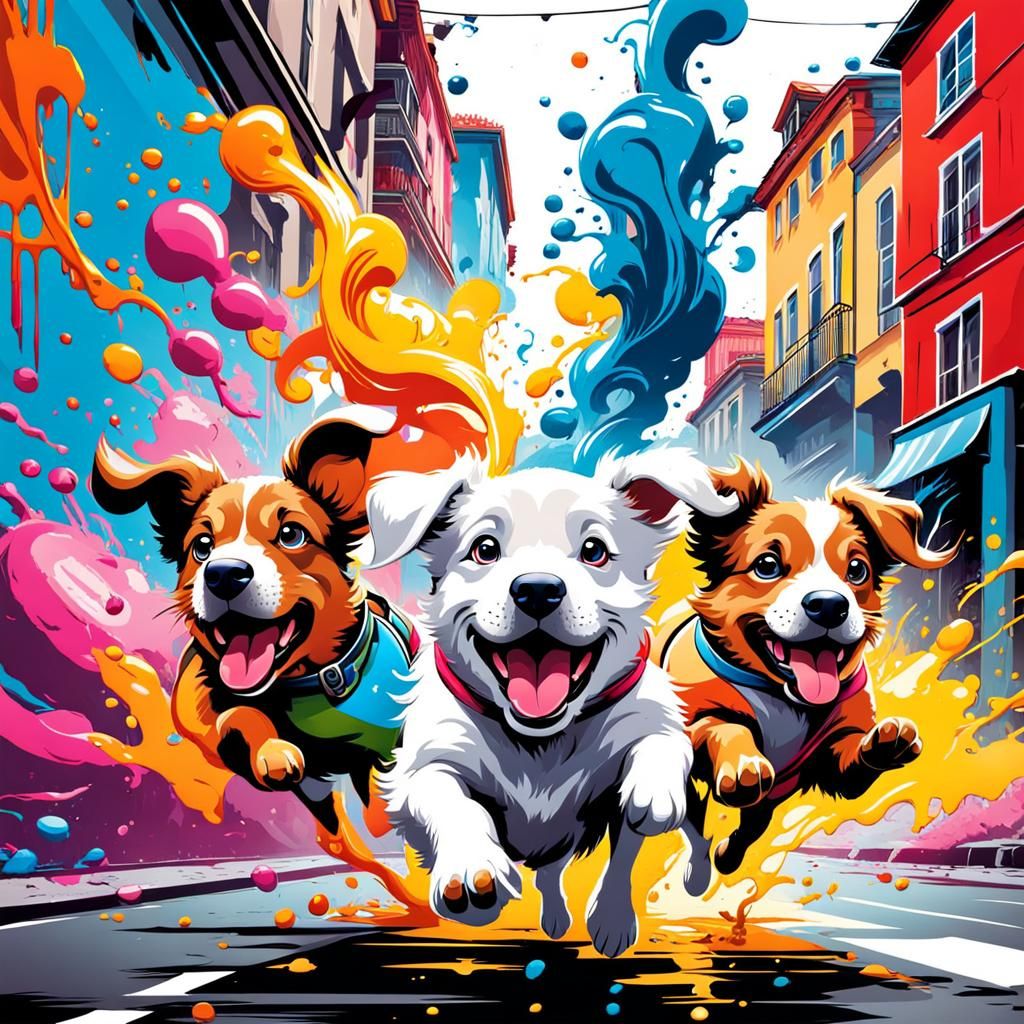 Happy Puppies Chase Sausages in Graffiti Art