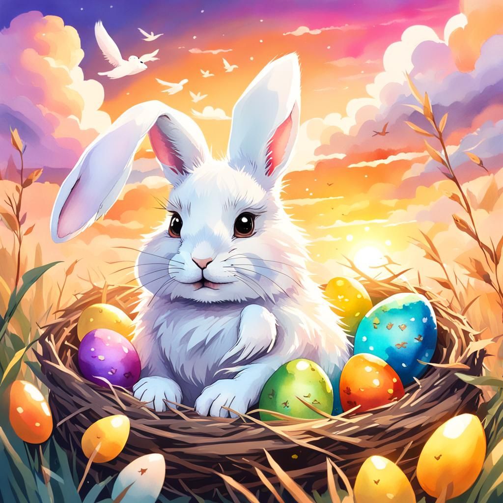 Whimsical Watercolor Bunny in Bird's Nest