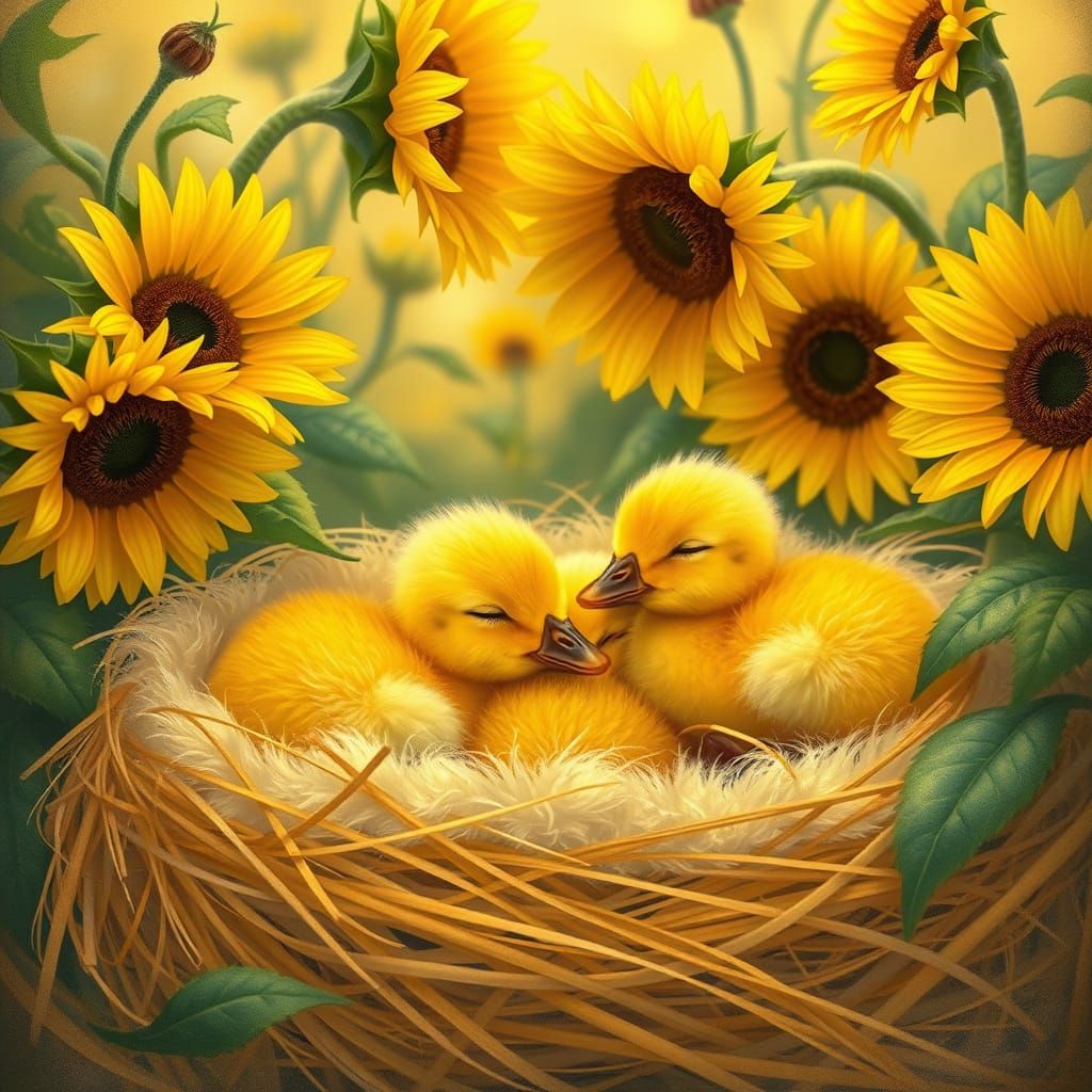 Whimsical Duckling Family in a Golden Sunflower Meadow