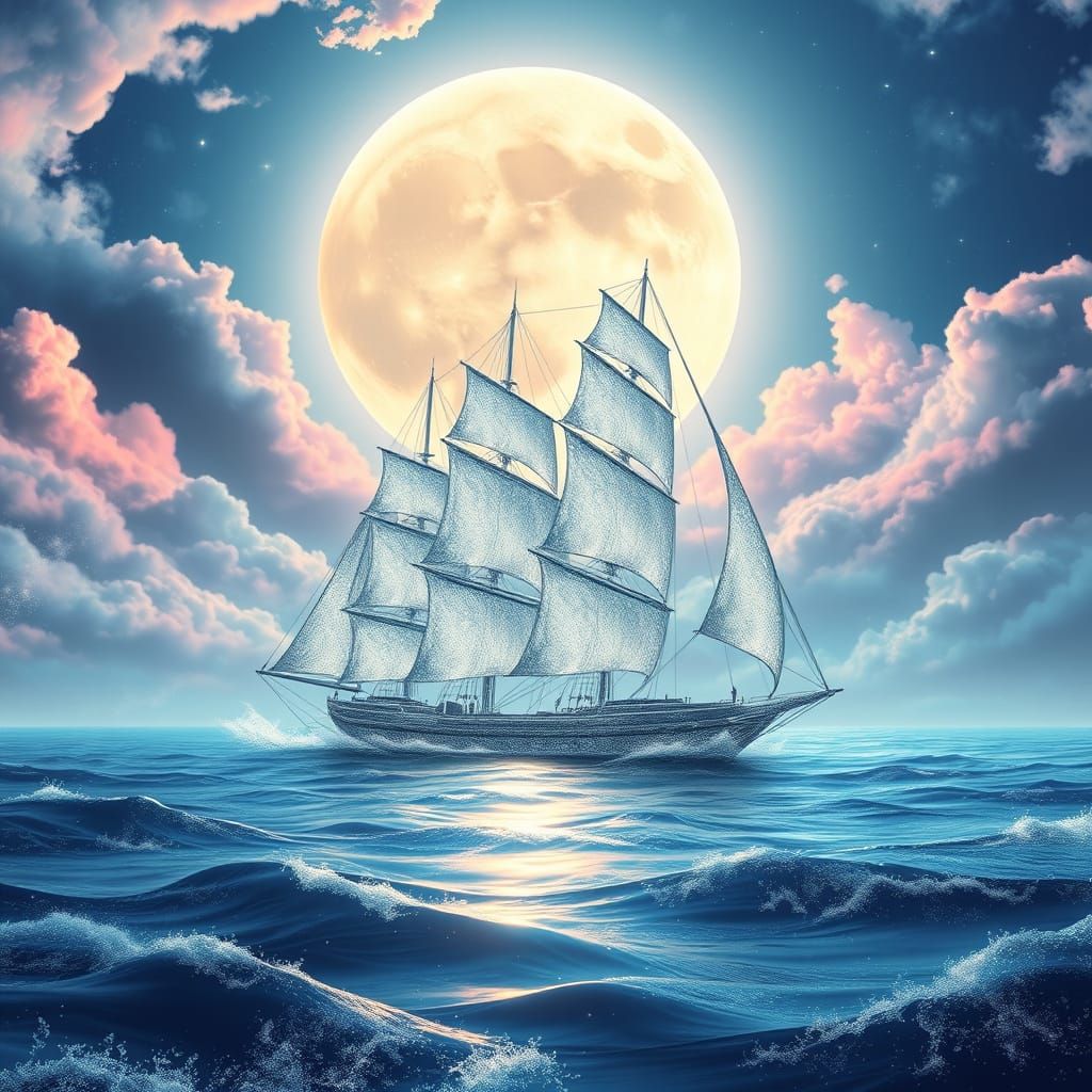 Celestial Silver Sailing Ships on Moonlit Ocean in Anime Sty...