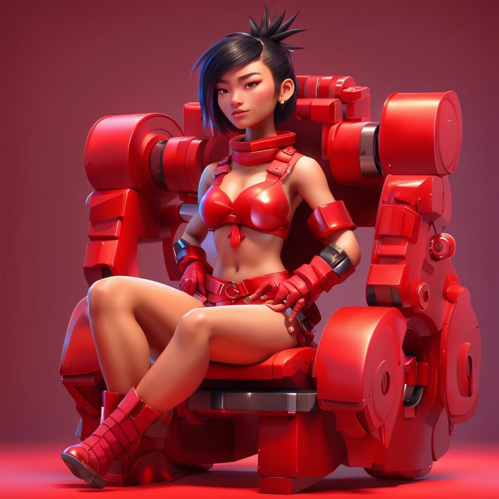 Cyberpunk Asian Woman in Red Armor