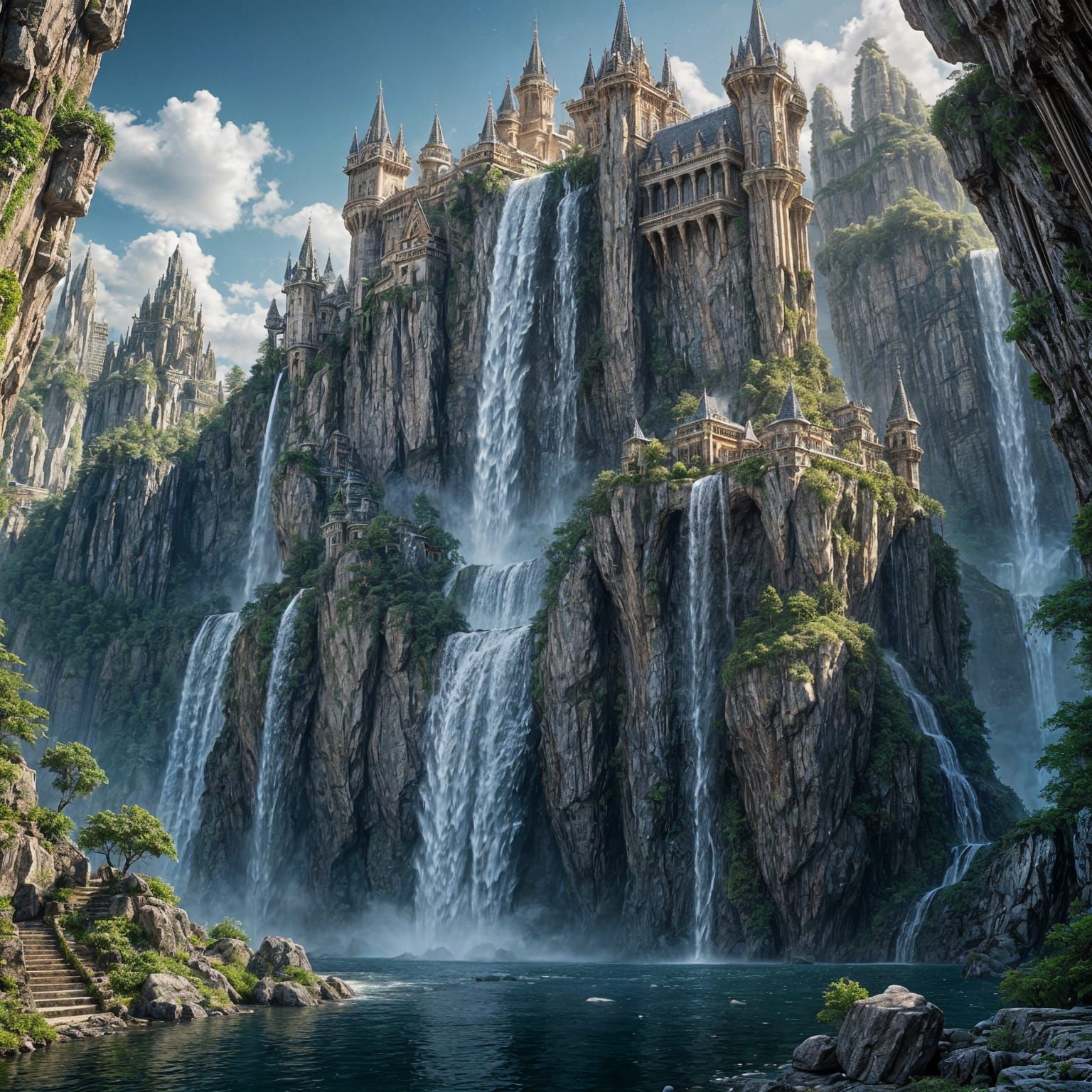 Crystal Castle Waterfall in Hyperrealistic Landscape