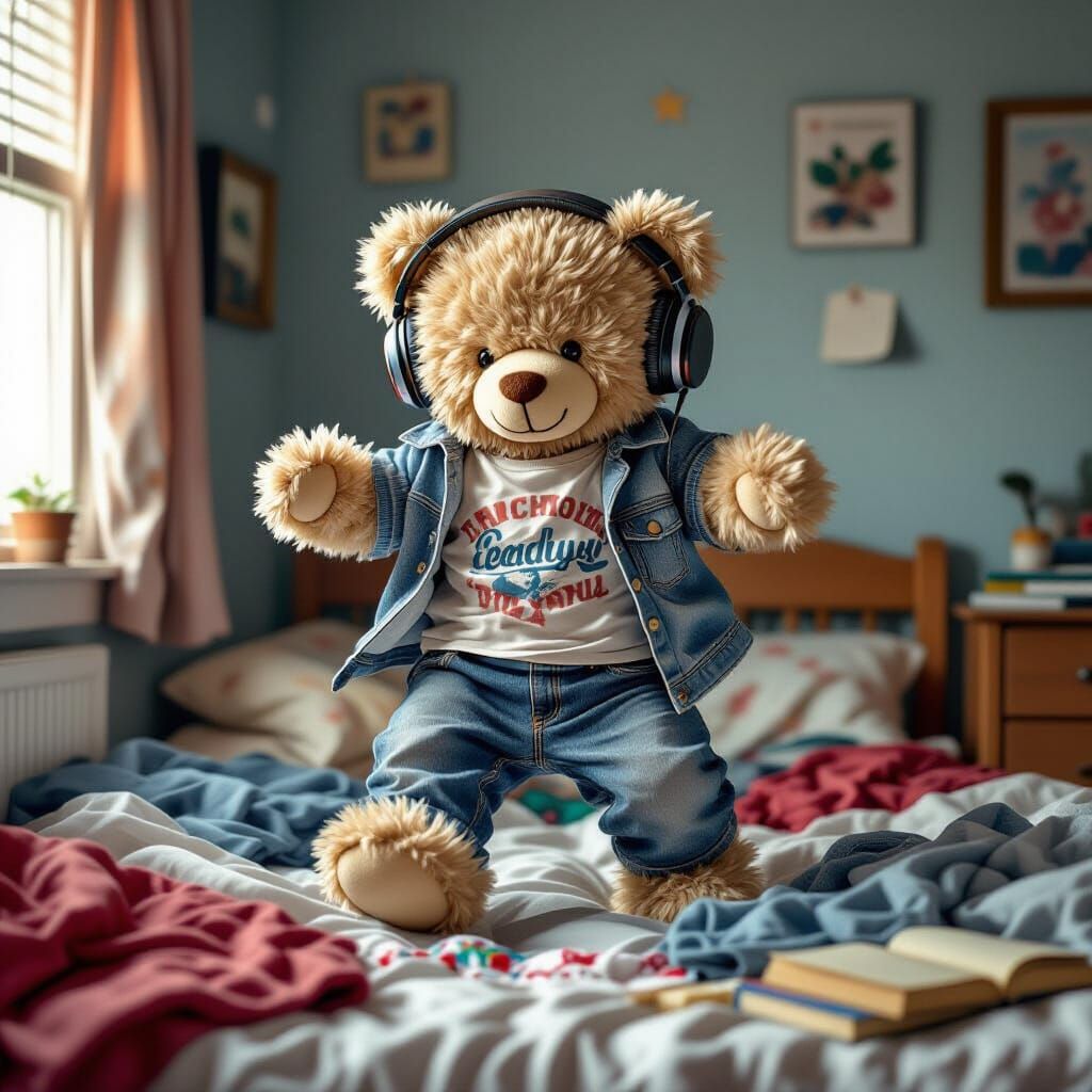 Living Teddy Bear Jumps in Teen's Room, Photorealistic