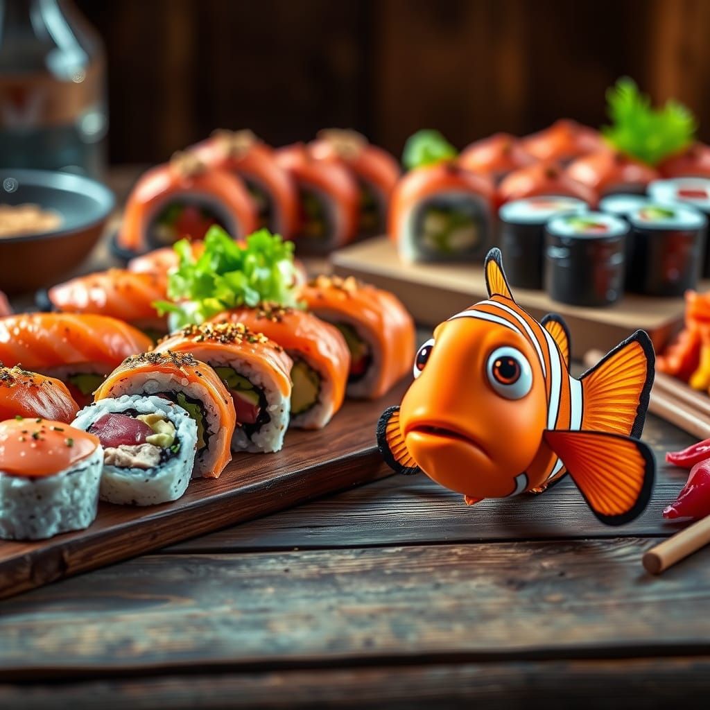 Sushi Still Life with Cartoon Clownfish in Digital Art Style