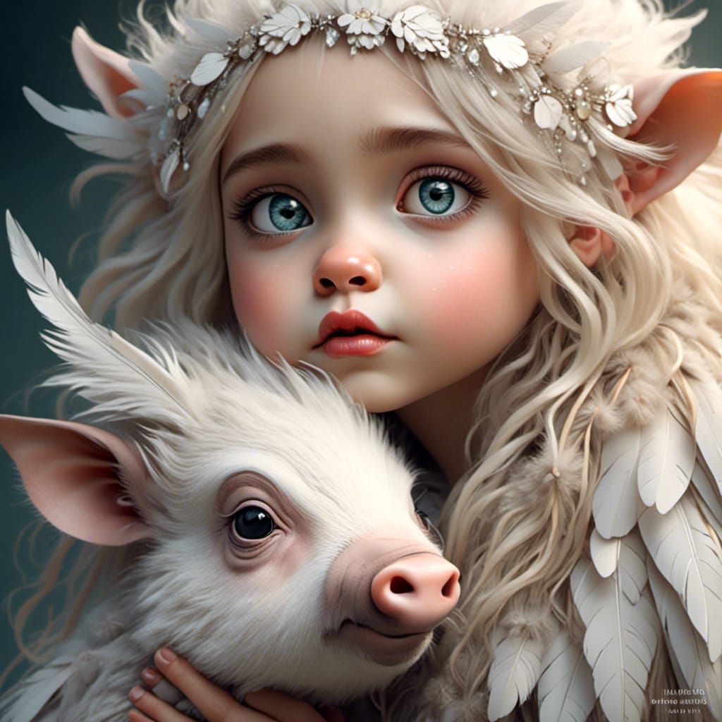 Adorable White Warthog with Feathers: Digital Art