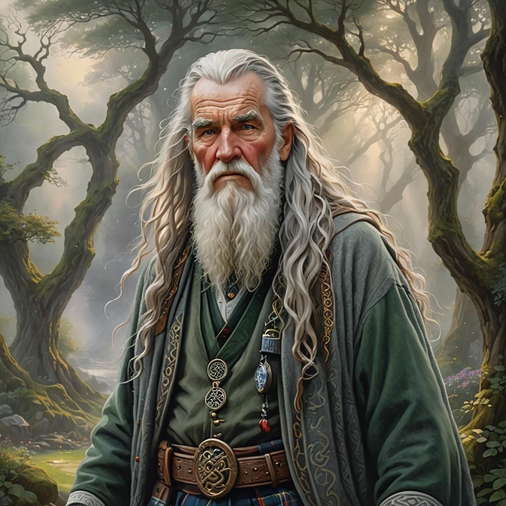 A celtic tall old man with greywhite long hair and a kilt.